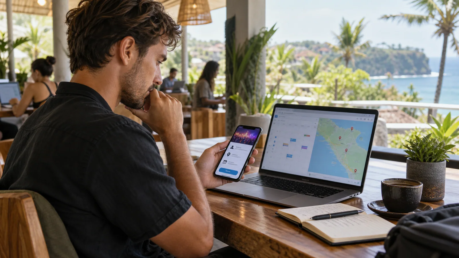 A Bali event attendee cross-checks a side-event listing against a calendar and location map.